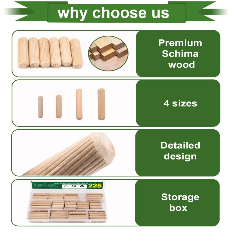 Tanbupu 225Pcs 8 Values Wood Dowels Kit 1/4"" 5/16"" 3/8"", Wooden Dowel Pins, Fluted Wood Dowels Rods for Crafts, Furniture, DIY Manual - Image 3